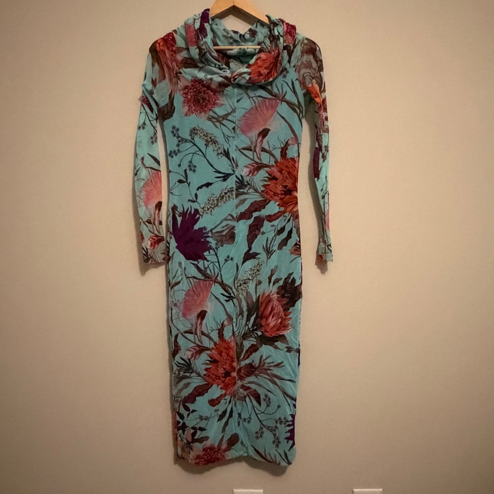 Fuzzi Italy Floral Mesh Cowl Neck Midi Dress XL Turquoise Long Sleeve Bodycon